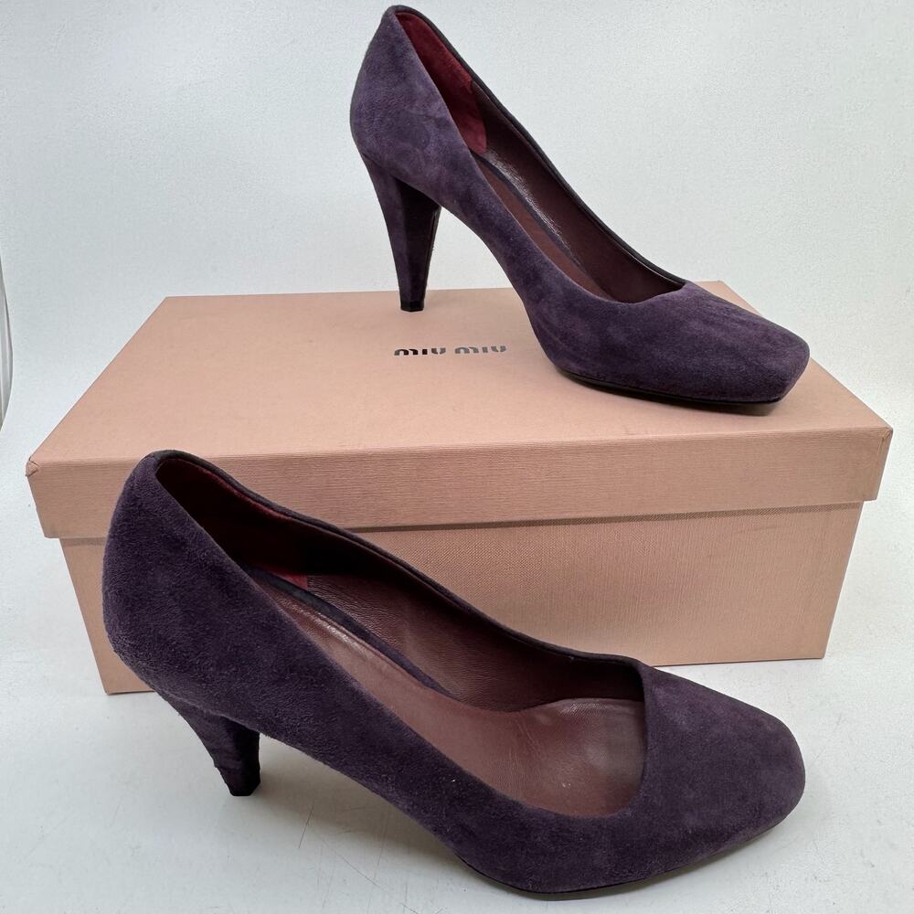 MIU MIU Purple Suede Square Toe Pumps with Hexagonal Heel